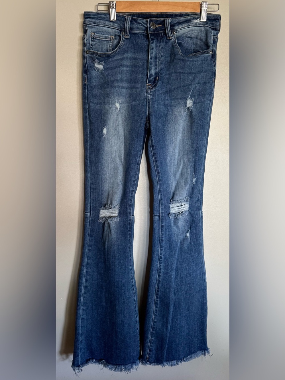 Risen Women’s Size 5 Distressed Flare Jeans Raw Hem Medium Wash